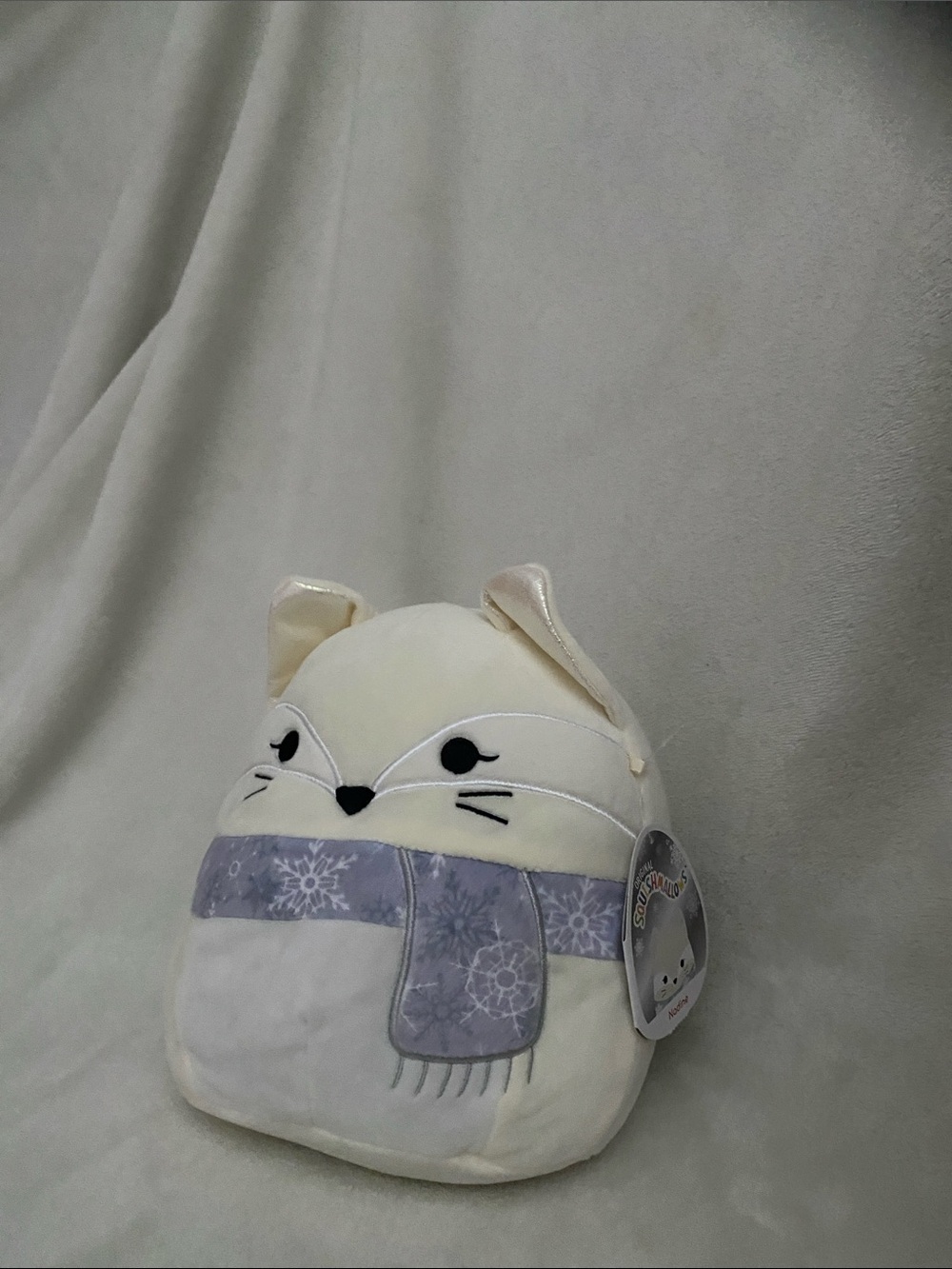 Squishmallows White Cream Cat Plush with Lavender Snowflake Scarf